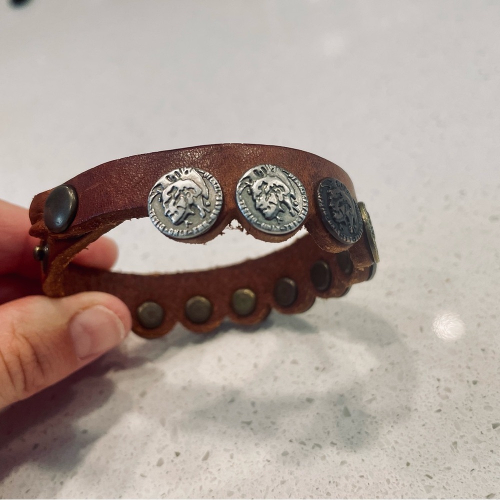 Diesel Brown Leather Bracelet with Silver Medallions